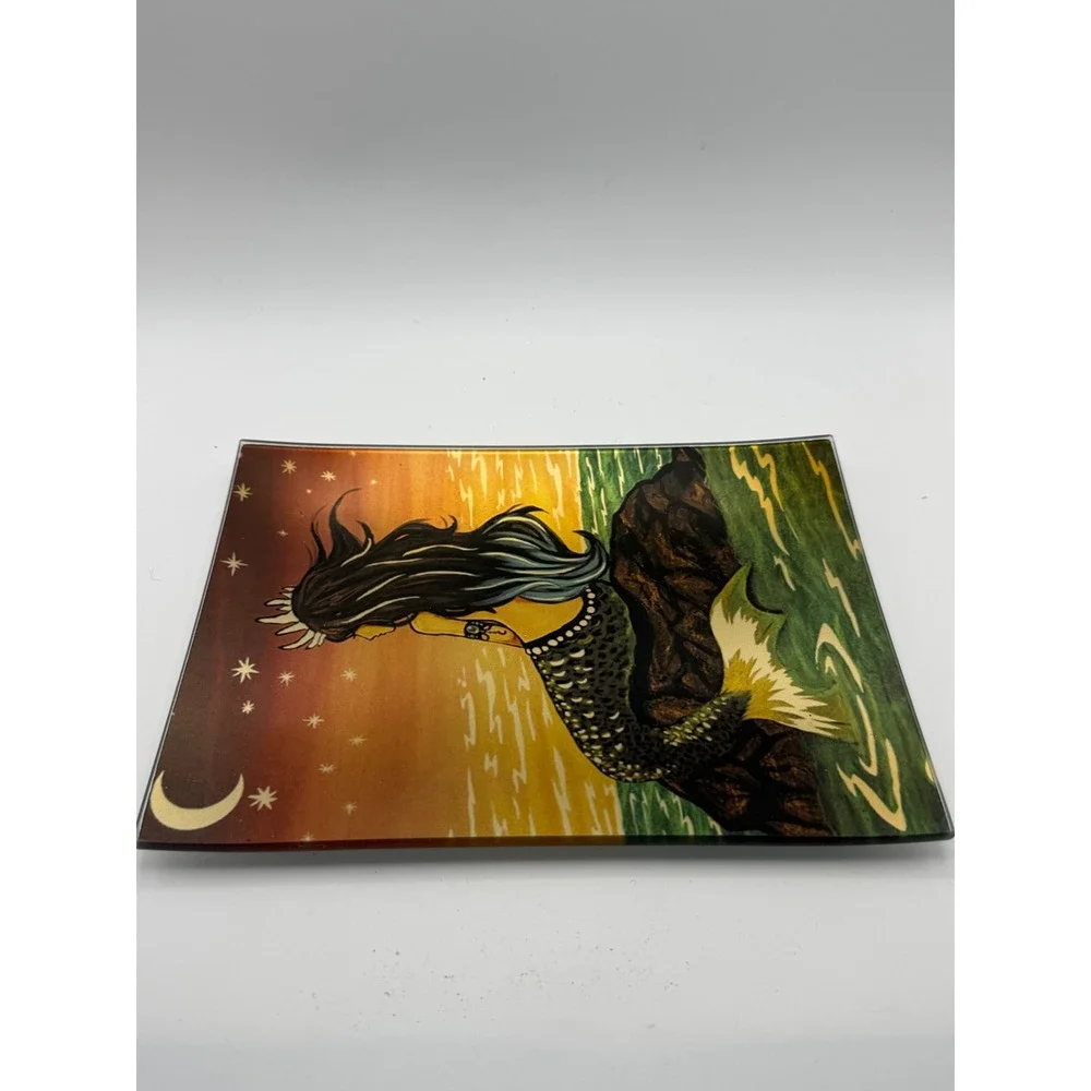World Buyers Reina Mermaid Glass Trinket Tray Tattoo Art Moon Stars New